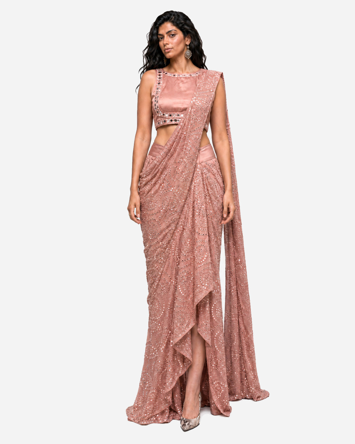 Rose pink mirror work pre-draped saree with satin blouse, Aina Karée