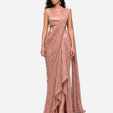 Rose pink mirror work pre-draped saree with satin blouse, Aina Karée