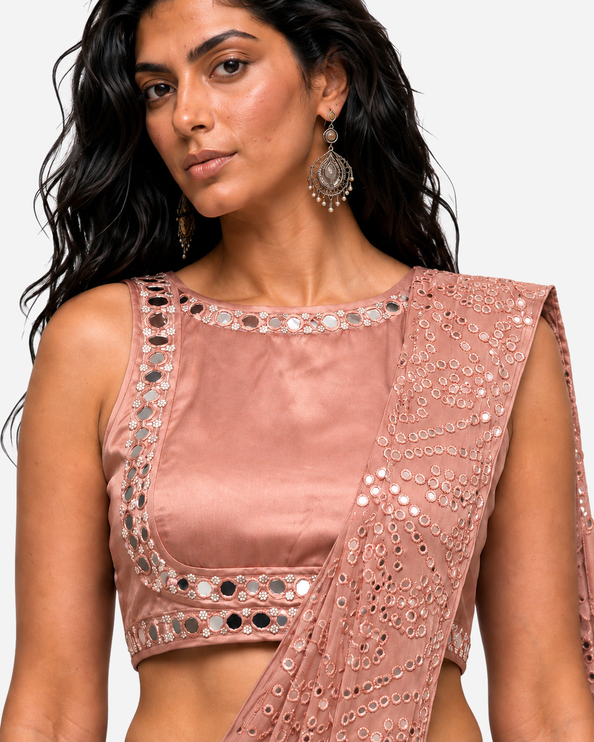 Rose pink mirror work pre-draped saree with satin blouse, Aina Karée – view 2