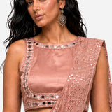 Rose pink mirror work pre-draped saree with satin blouse, Aina Karée – view 2
