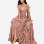 Rose pink mirror work pre-draped saree with satin blouse, Aina Karée – view 3