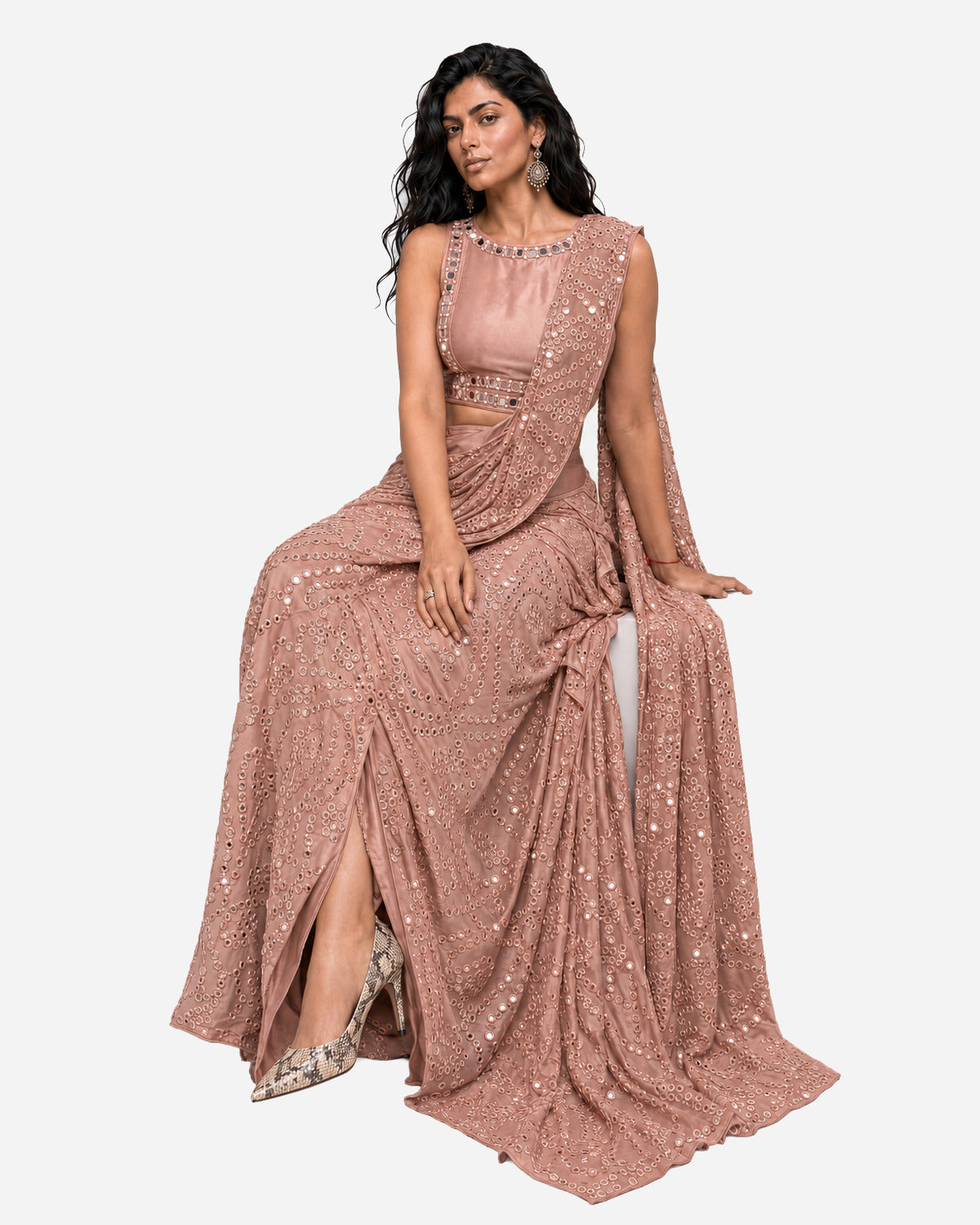 Rose pink mirror work pre-draped saree with satin blouse, Aina Karée – view 3