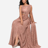 Rose pink mirror work pre-draped saree with satin blouse, Aina Karée – view 3