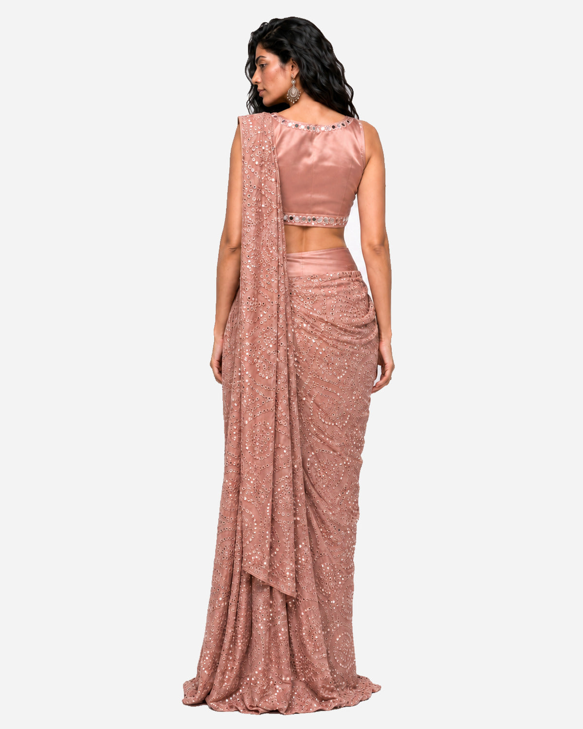 Rose pink mirror work pre-draped saree with satin blouse, Aina Karée – view 4