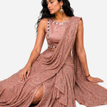Rose pink mirror work pre-draped saree with satin blouse, Aina Karée – view 5