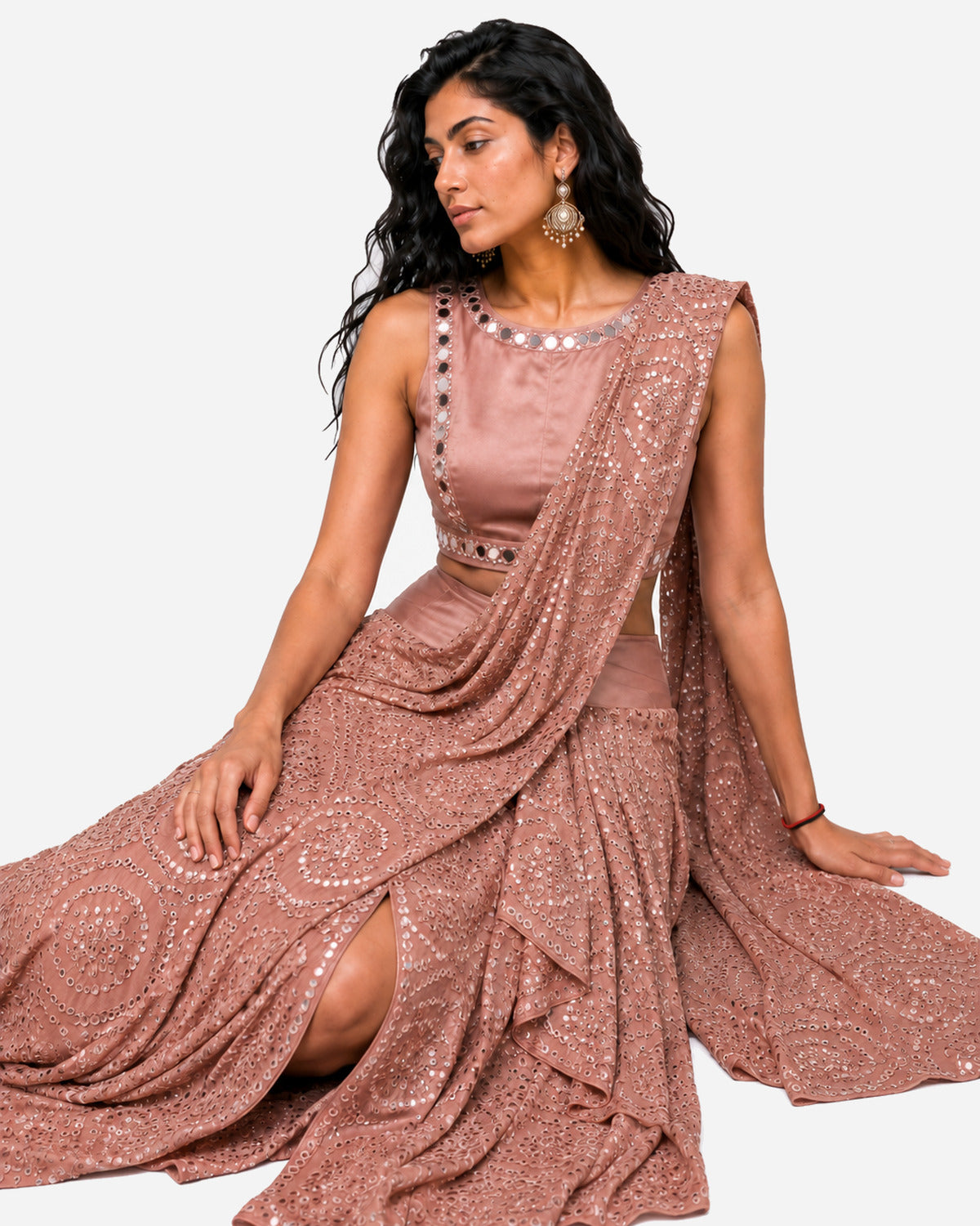 Rose pink mirror work pre-draped saree with satin blouse, Aina Karée – view 5