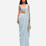 Powder blue mirror work pre-draped saree with net blouse, Aina Karée