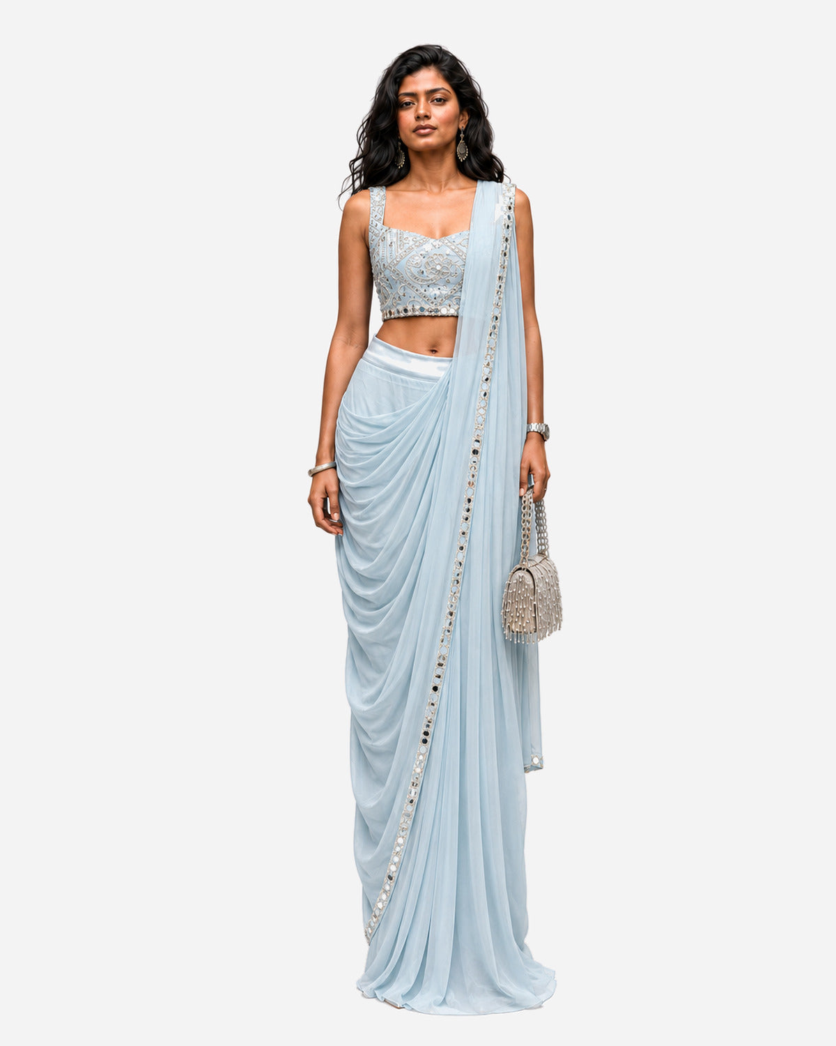 Powder blue mirror work pre-draped saree with net blouse, Aina Karée
