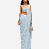 Powder blue mirror work pre-draped saree with net blouse, Aina Karée