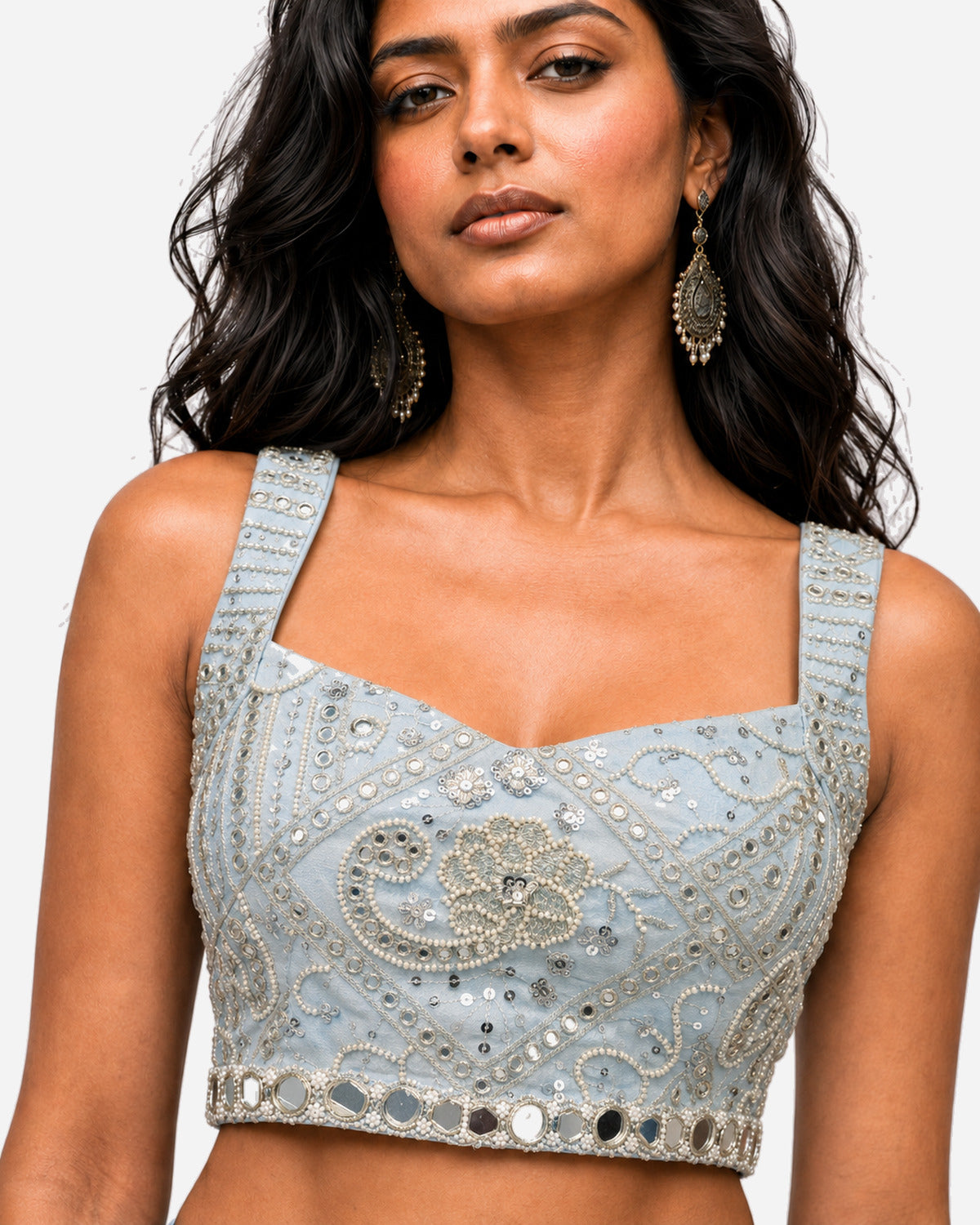 Powder blue mirror work pre-draped saree with net blouse, Aina Karée – view 2