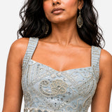 Powder blue mirror work pre-draped saree with net blouse, Aina Karée – view 2