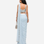 Powder blue mirror work pre-draped saree with net blouse, Aina Karée – view 3