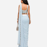 Powder blue mirror work pre-draped saree with net blouse, Aina Karée – view 3