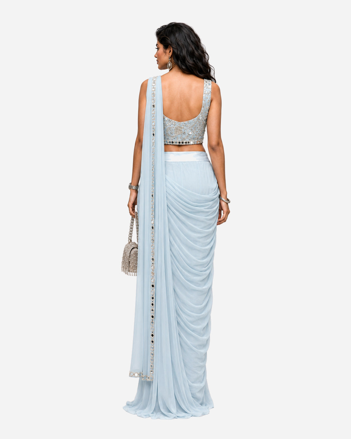 Powder blue mirror work pre-draped saree with net blouse, Aina Karée – view 3