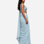 Powder blue mirror work pre-draped saree with net blouse, Aina Karée – view 4