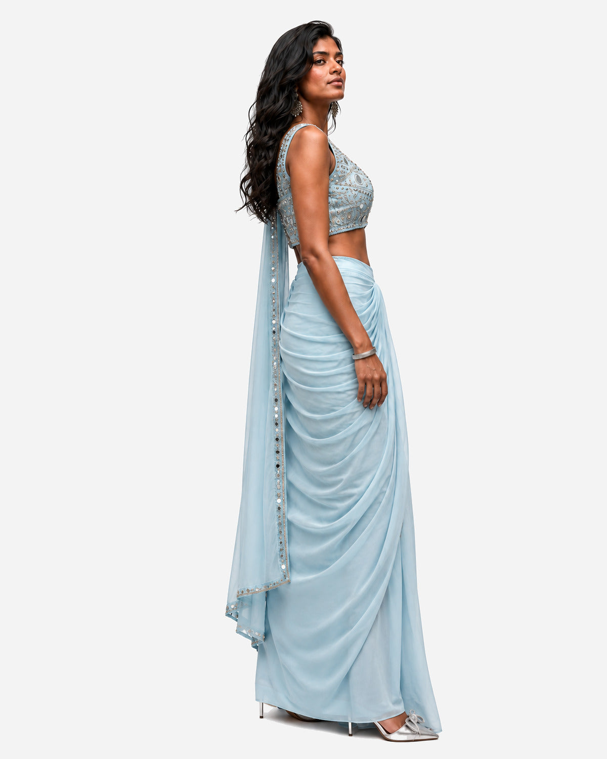 Powder blue mirror work pre-draped saree with net blouse, Aina Karée – view 4