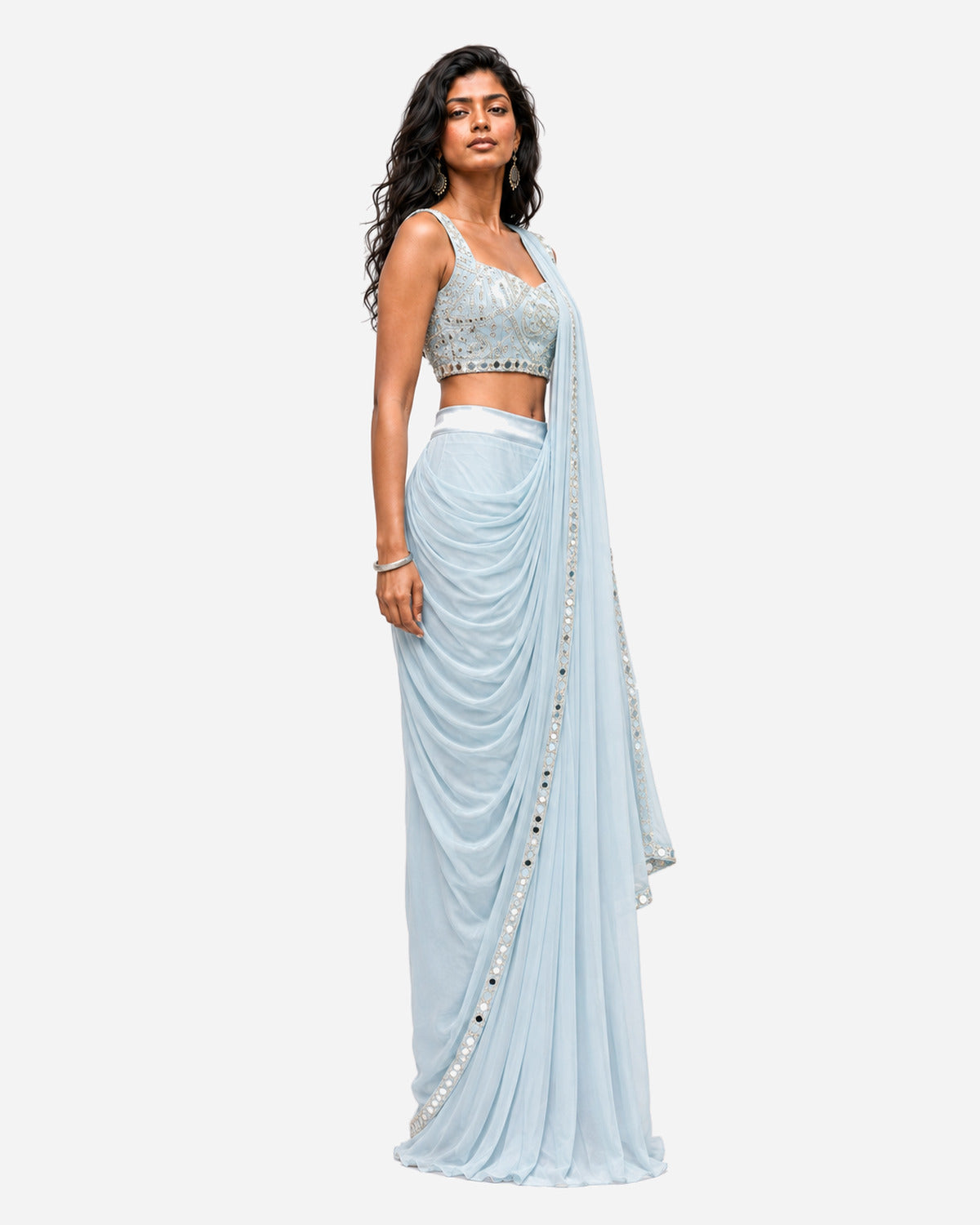 Powder blue mirror work pre-draped saree with net blouse, Aina Karée – view 5
