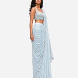 Powder blue mirror work pre-draped saree with net blouse, Aina Karée – view 5