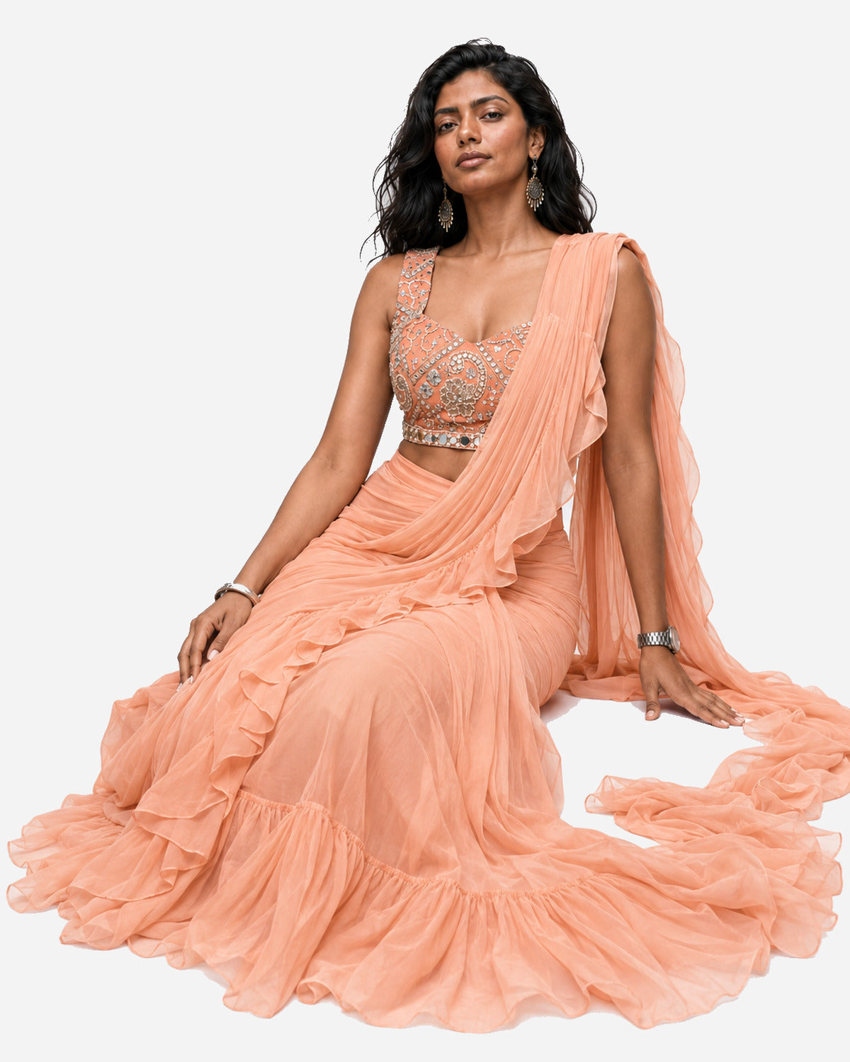 Peach ruffle mirror work saree with net blouse, Aina Karée