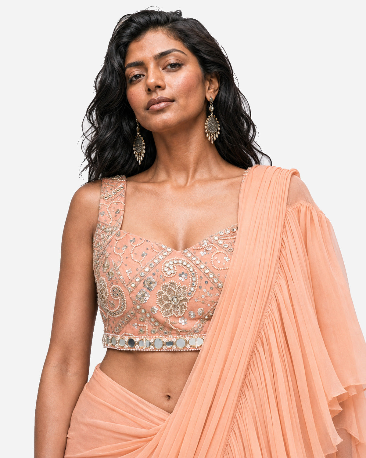 Peach ruffle mirror work saree with net blouse, Aina Karée – view 2
