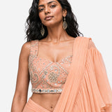 Peach ruffle mirror work saree with net blouse, Aina Karée – view 2