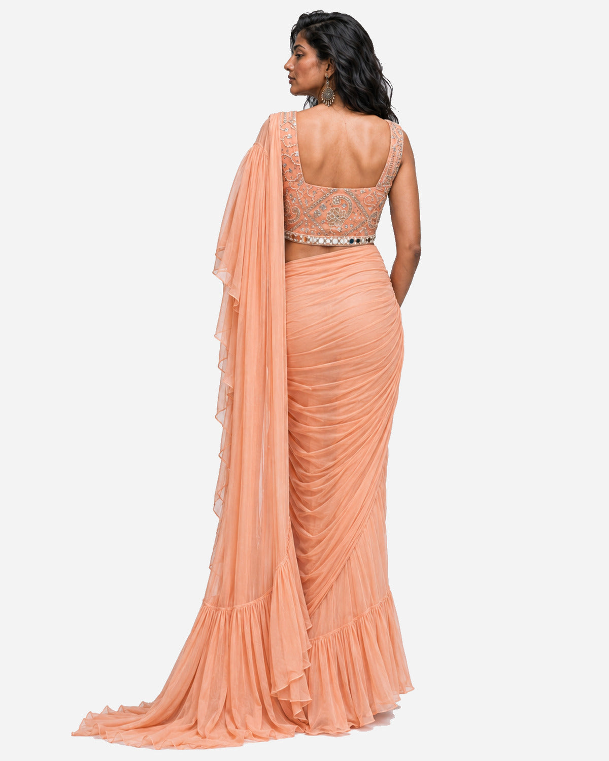 Peach ruffle mirror work saree with net blouse, Aina Karée – view 3
