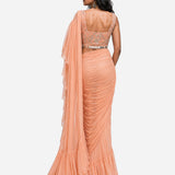Peach ruffle mirror work saree with net blouse, Aina Karée – view 3