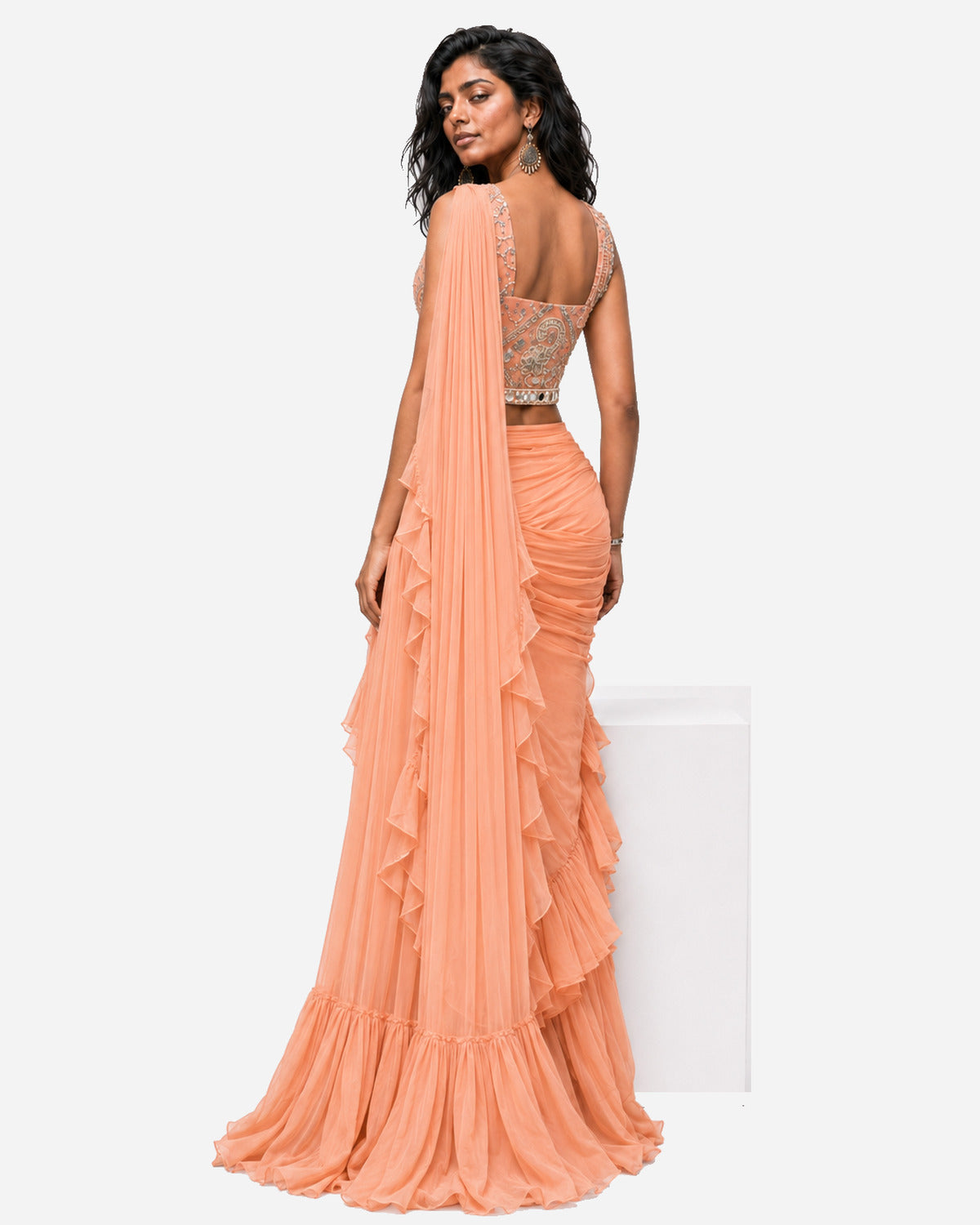 Peach ruffle mirror work saree with net blouse, Aina Karée – view 4