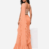 Peach ruffle mirror work saree with net blouse, Aina Karée – view 4