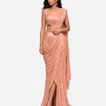 Peach mirror embroidered pre-draped saree with satin blouse, Aina Karée