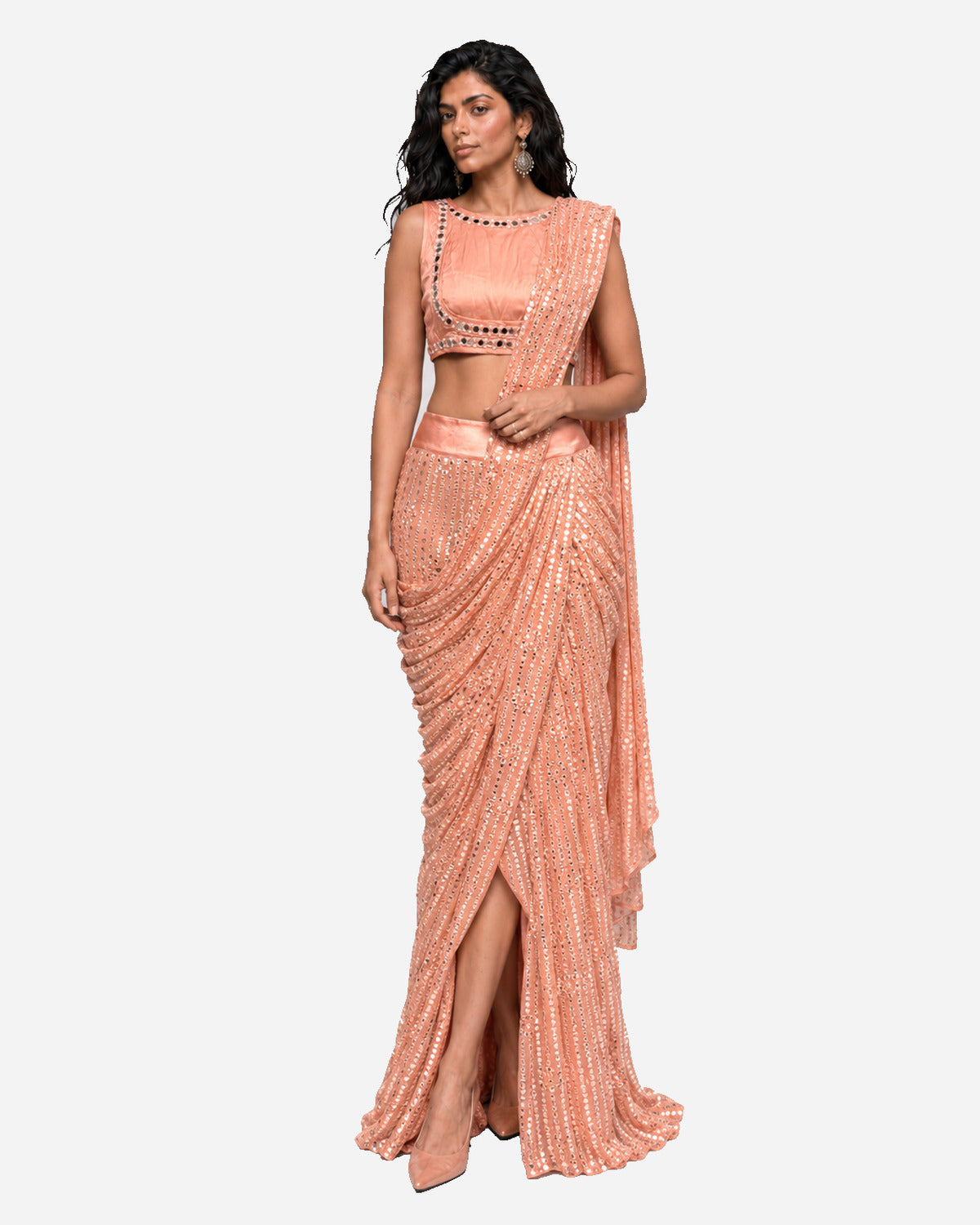 Peach mirror embroidered pre-draped saree with satin blouse, Aina Karée