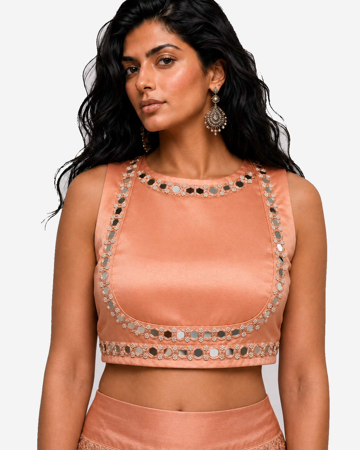Peach mirror embroidered pre-draped saree with satin blouse, Aina Karée – view 2
