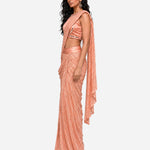 Peach mirror embroidered pre-draped saree with satin blouse, Aina Karée – view 3