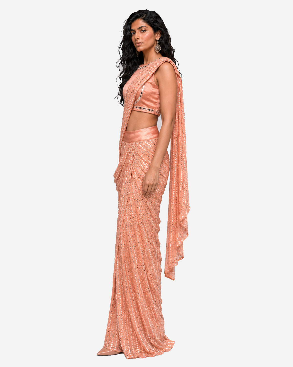 Peach mirror embroidered pre-draped saree with satin blouse, Aina Karée – view 3