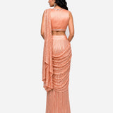 Peach mirror embroidered pre-draped saree with satin blouse, Aina Karée – view 4
