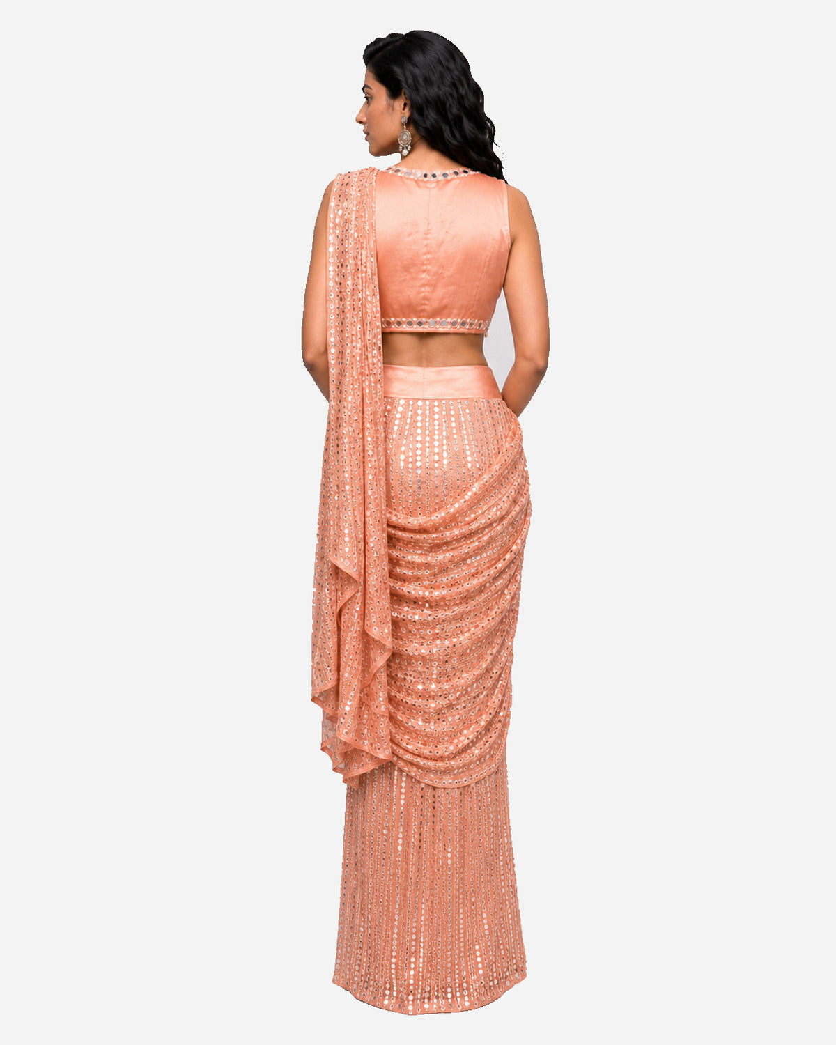 Peach mirror embroidered pre-draped saree with satin blouse, Aina Karée – view 4