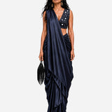 Navy blue hand-embroidered silk skirt set with mirror work blouse, Aina Karée