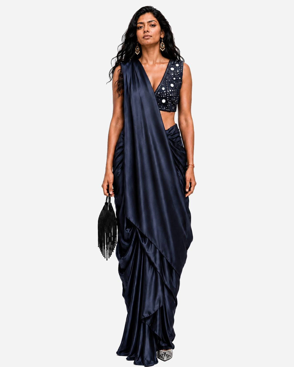 Navy blue hand-embroidered silk skirt set with mirror work blouse, Aina Karée