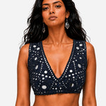 Navy blue hand-embroidered silk skirt set with mirror work blouse, Aina Karée – view 2