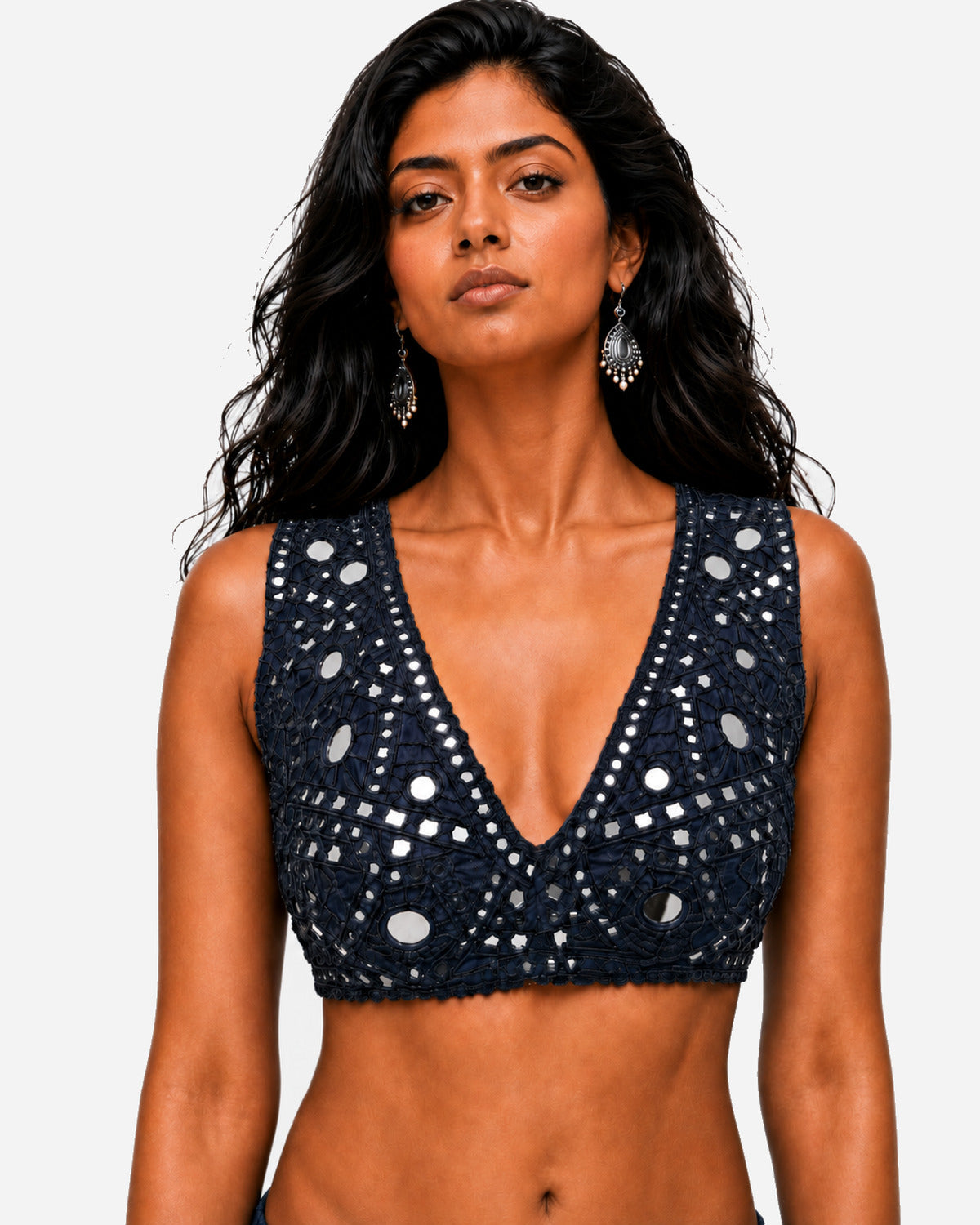 Navy blue hand-embroidered silk skirt set with mirror work blouse, Aina Karée – view 2