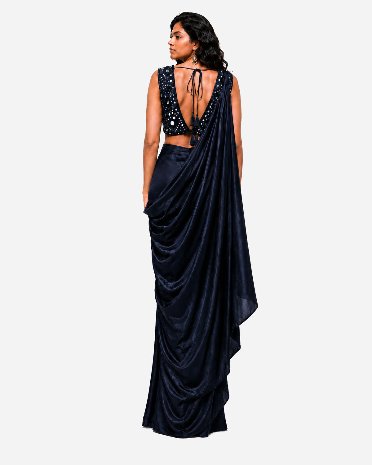 Navy blue hand-embroidered silk skirt set with mirror work blouse, Aina Karée – view 3