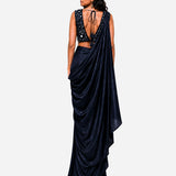 Navy blue hand-embroidered silk skirt set with mirror work blouse, Aina Karée – view 3