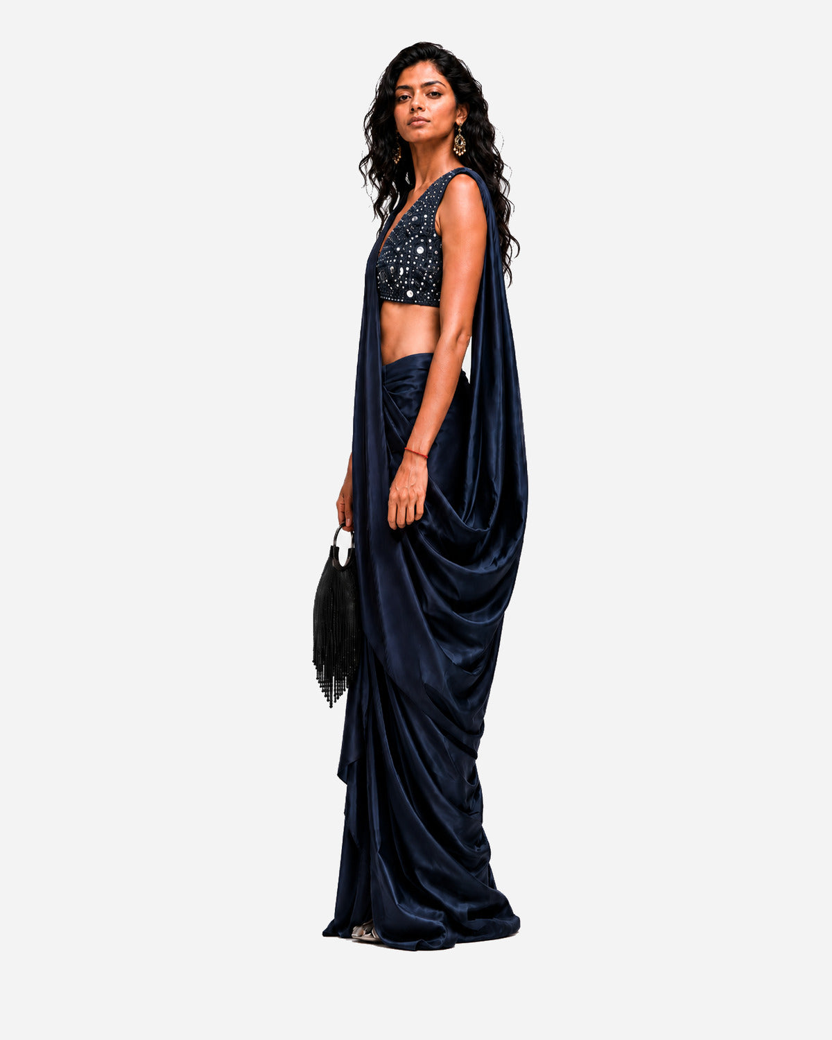 Navy blue hand-embroidered silk skirt set with mirror work blouse, Aina Karée – view 4