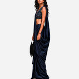 Navy blue hand-embroidered silk skirt set with mirror work blouse, Aina Karée – view 4