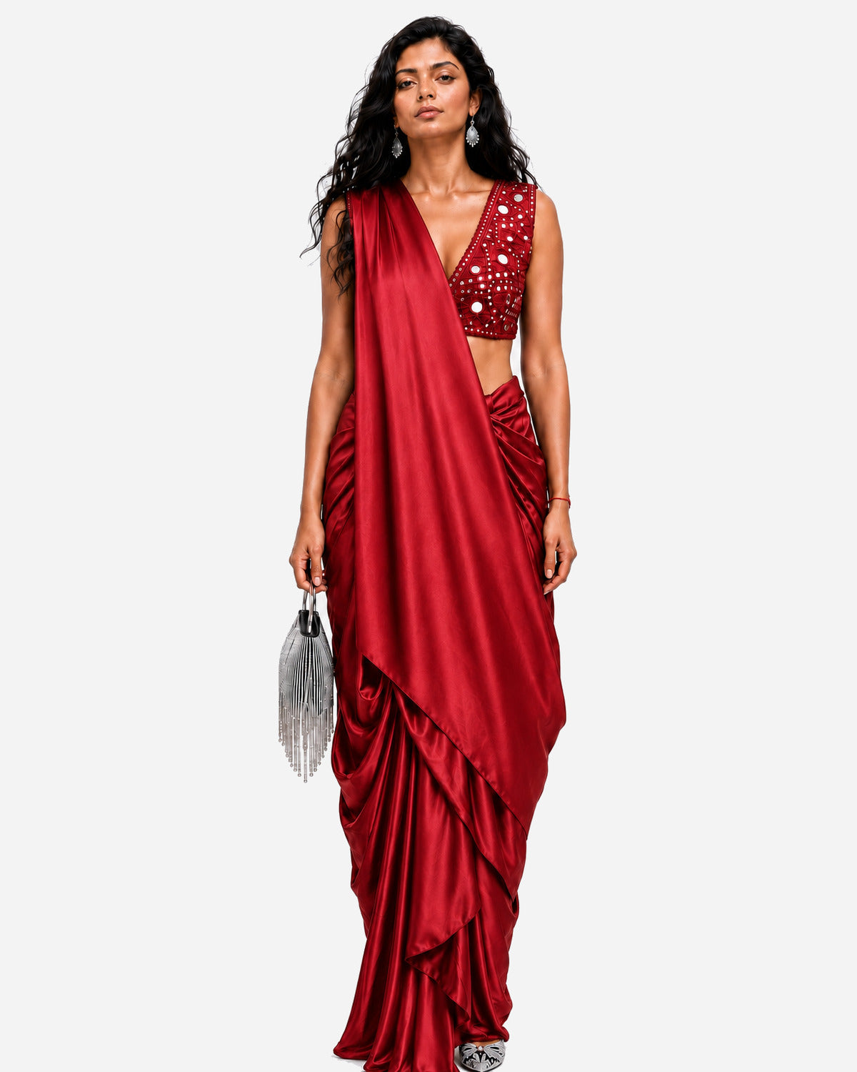 Red hand-embroidered silk skirt set with mirror work blouse, Aina Karée