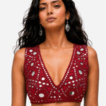 Red hand-embroidered silk skirt set with mirror work blouse, Aina Karée – view 2