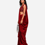 Red hand-embroidered silk skirt set with mirror work blouse, Aina Karée – view 3