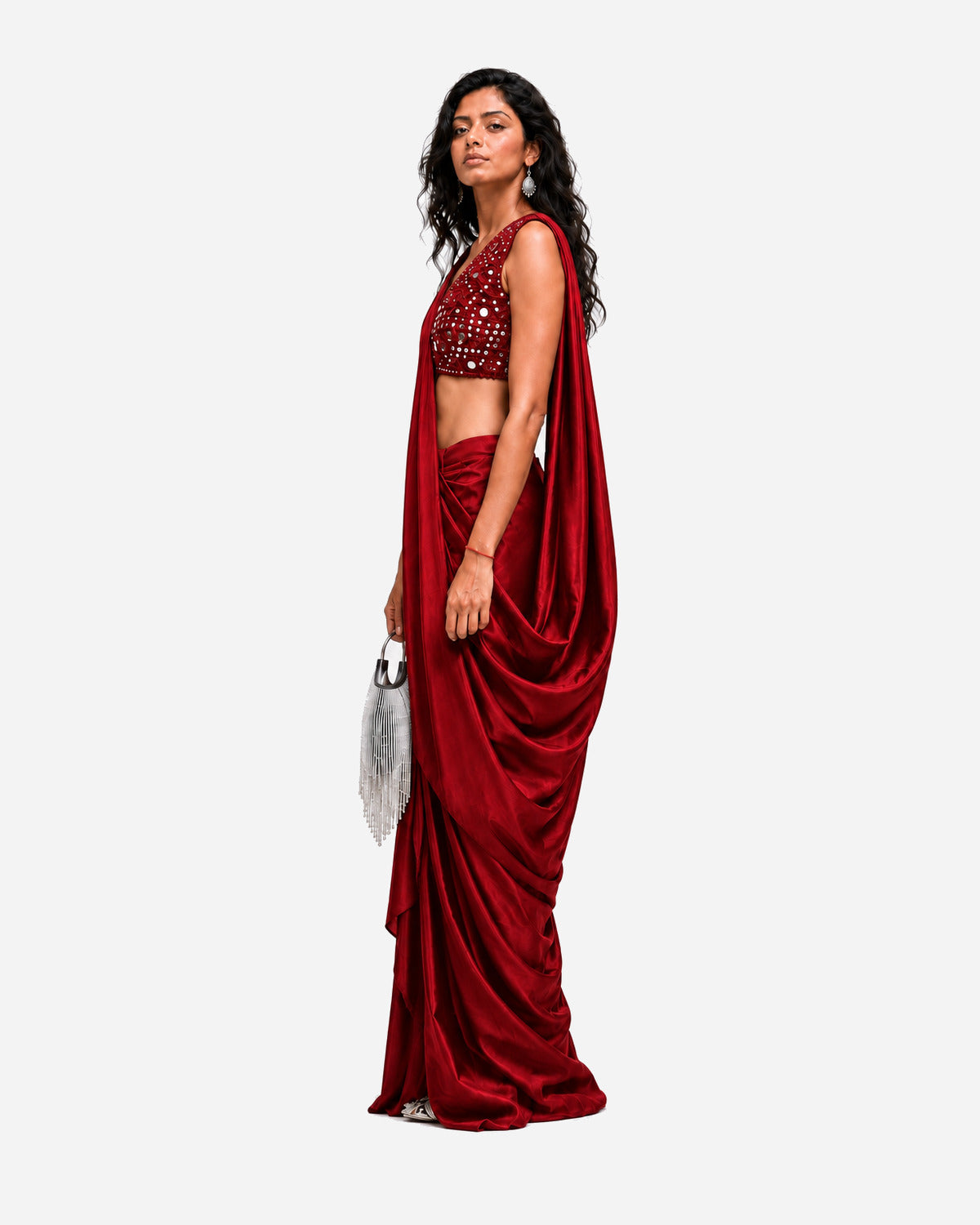 Red hand-embroidered silk skirt set with mirror work blouse, Aina Karée – view 3
