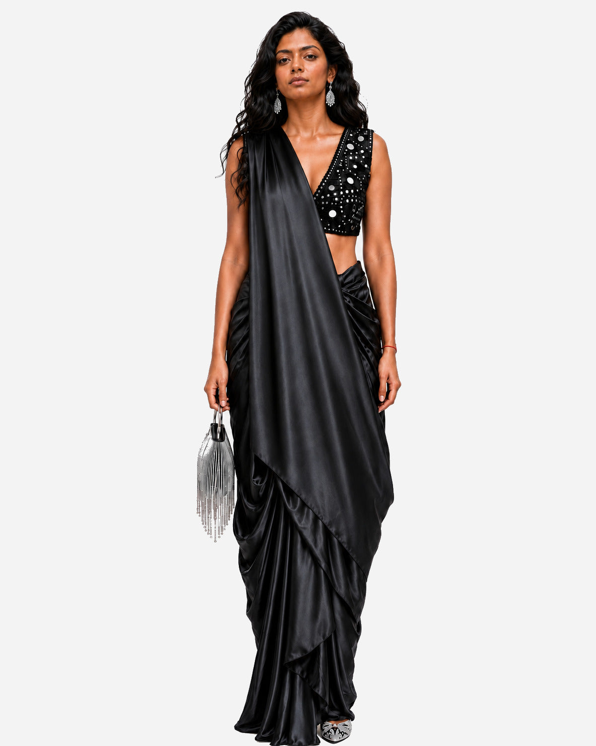 Black hand-embroidered silk skirt set with mirror work blouse, Aina Karée
