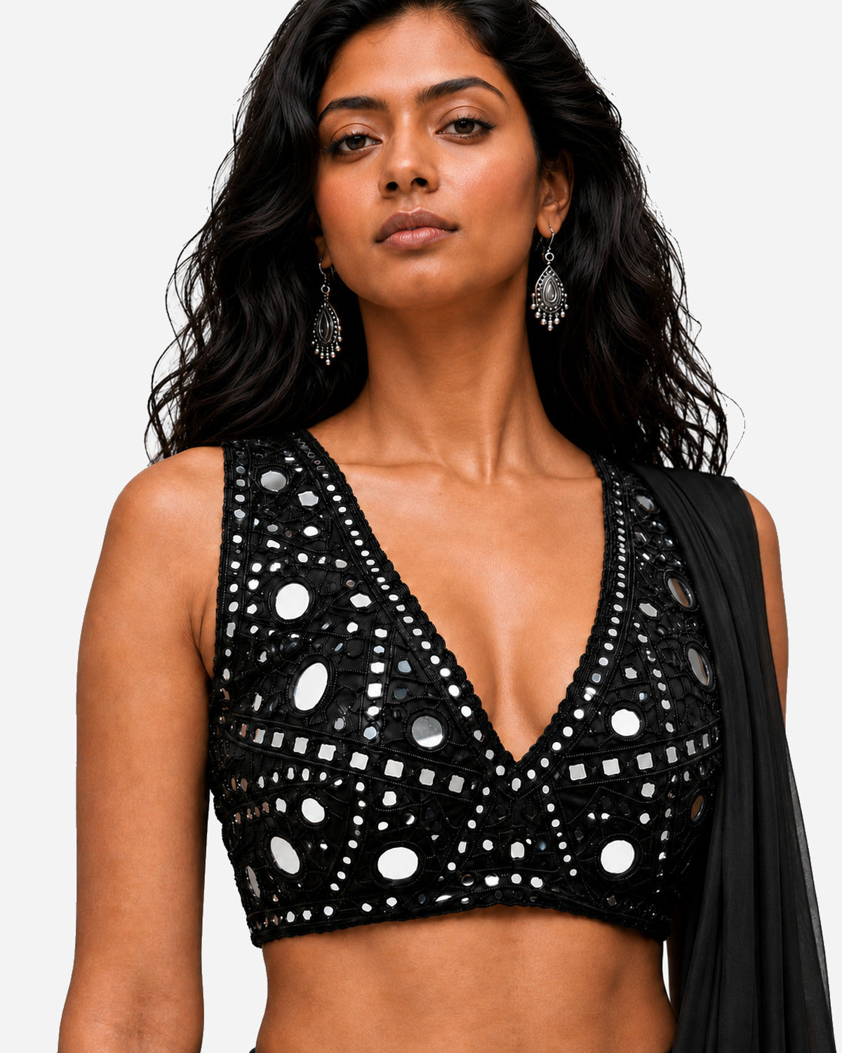 Black hand-embroidered silk skirt set with mirror work blouse, Aina Karée – view 2